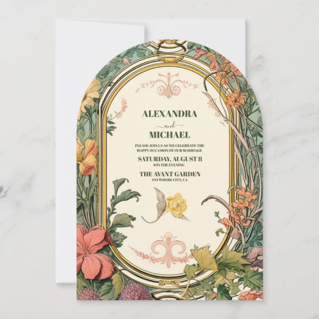Convite Casamento Vintage Floral Art Nouveau (Frente)
