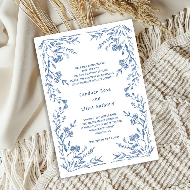 Convite Casamento Vintage Floral Azul Desbotado (Criador carregado)