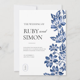 Convite Casamento Vintage Floral Azul Elegante