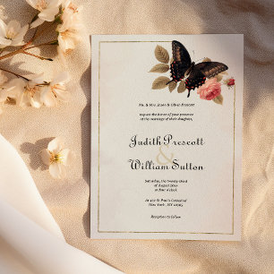Convite Casamento vintage floral da borboleta de marfim ro