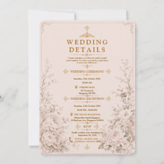 Convite Casamento Vintage Floral Rosa Bege Dourado Elegant