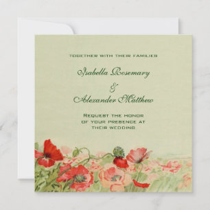 Convite Casamento Vintage, Flores de Papoula Vermelha Prad