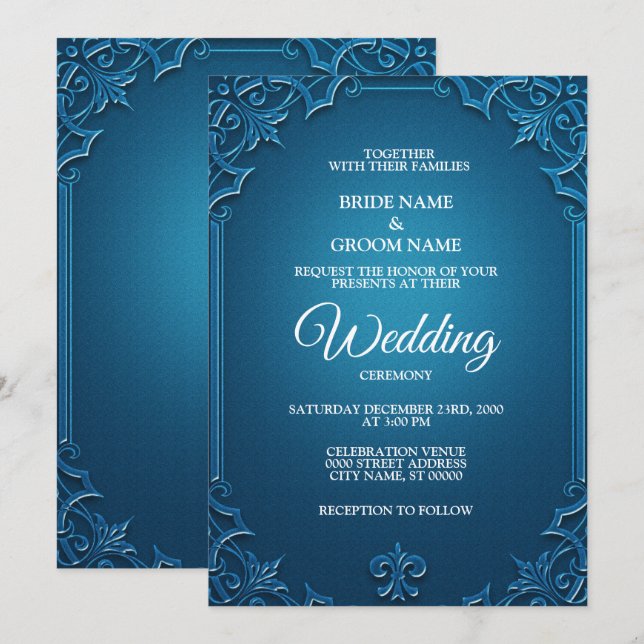 Convite Casamento Vintage Geométrico Azul Turquesa Elegant (Frente/Verso)