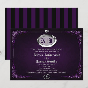 Convite Casamento Vintage Gótico de Halloween Prata e Roxo