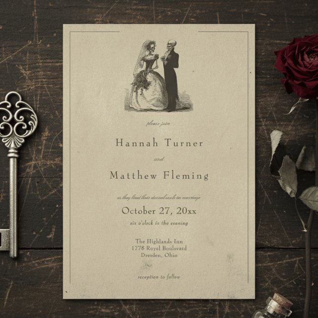 Convite Casamento Vintage Gótico Preto Toile Bege (Criador carregado)