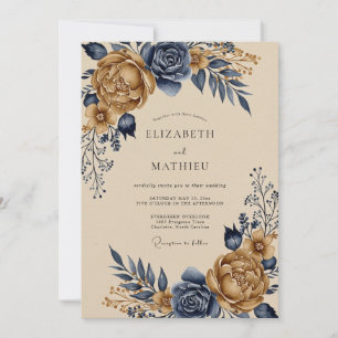 Convite Casamento Vintage Grandioso Azul Marinho