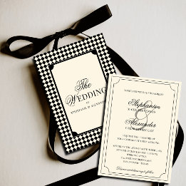 Convite Casamento Vintage Marfim Preto Xadrez Old Money