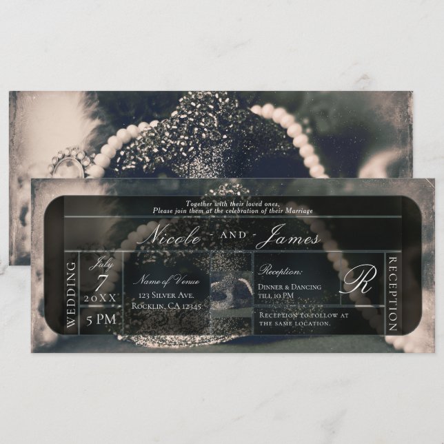 Convite Casamento Vintage Máscara e Pérolas (Frente/Verso)