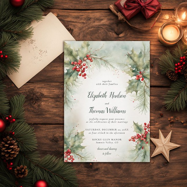 Convite Casamento vintage Moderno de Natal da Greenerescên (winter wedding invitation christmas berries elegant rustic modern vintage watercolor calligraphy)
