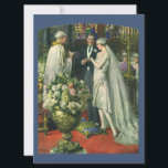 Convite Casamento vintage, noiva e noiva com Menorah<br><div class="desc">Ilustração Vintage,  amor e cerimônia de casamento romântica,  com uma imagem de um casal se casando em uma bela sinagoga com vitrines coloridas,  flores e uma menorah de sete galhos. A noiva está vestindo um longo vestido branco e o noivo é bonito em seu smoking.</div>