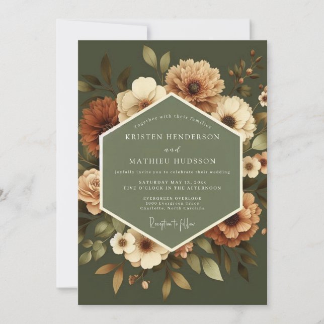 Convite Casamento Vintage Oliva Âmbar (Frente)