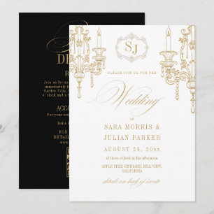 Convite Casamento Vintage Ouro Branco Preto Tudo em Um