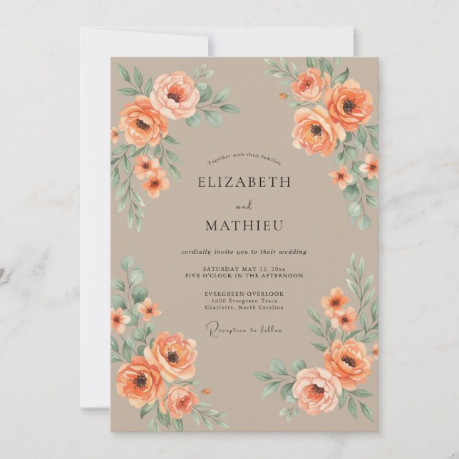Convite Casamento Vintage Outonal com Tons de Pêssego (Frente)