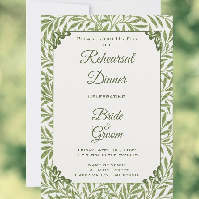 Convite Casamento Vintage, Padrão Folhas de Salgueiro Vito (Vintage Wedding, Victorian Willow Leaves Pattern by William Morris Rehearsal Dinner Invitation)