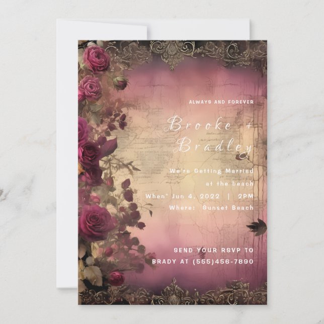 Convite Casamento Vintage Parchment & Rose (Frente)