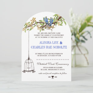 Convite Casamento Vintage Pássaro Azul Real Flor de Cereje
