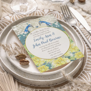 Convite Casamento Vintage Pavão Amarelo Cinza e Azul