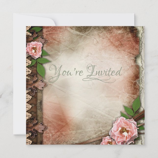 Convite Casamento Vintage Pink Roses (Frente)