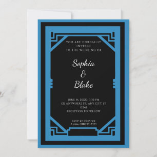 Convite Casamento Vintage Preto e Azul Art Déco