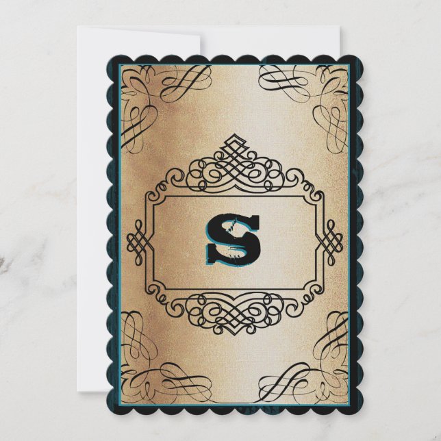 Convite Casamento vintage Preto Metálico Dourado de Estilo (Frente)