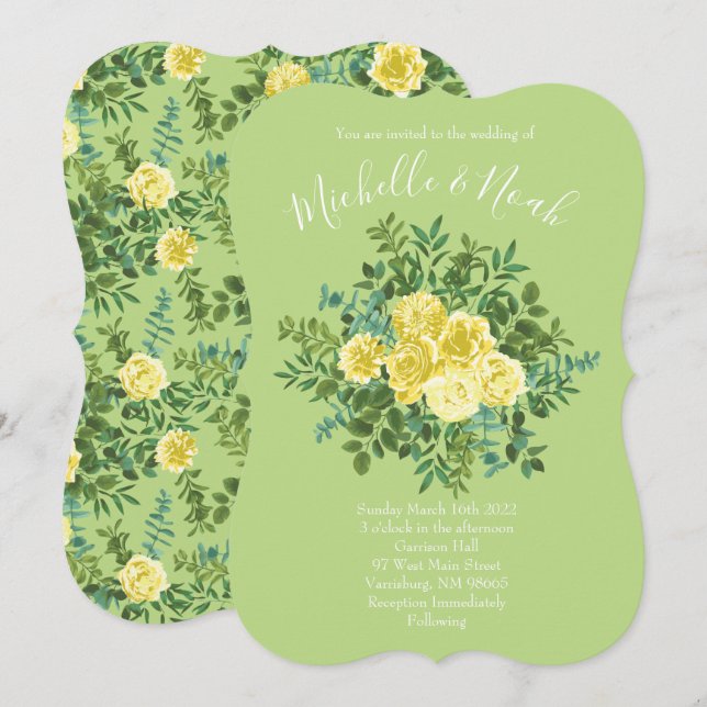 Convite Casamento vintage Primavera amarelo e verde (Frente/Verso)