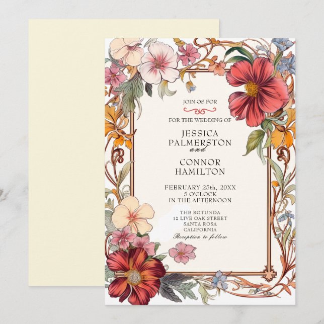 Convite Casamento vintage retro floral (Frente/Verso)
