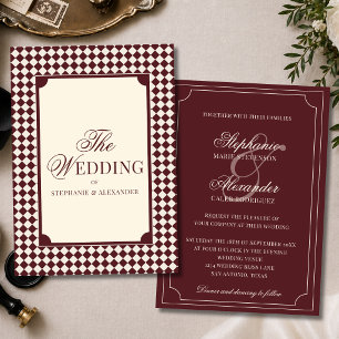 Convite Casamento Vintage Retro Xadrez Borgonha Dinheiro A