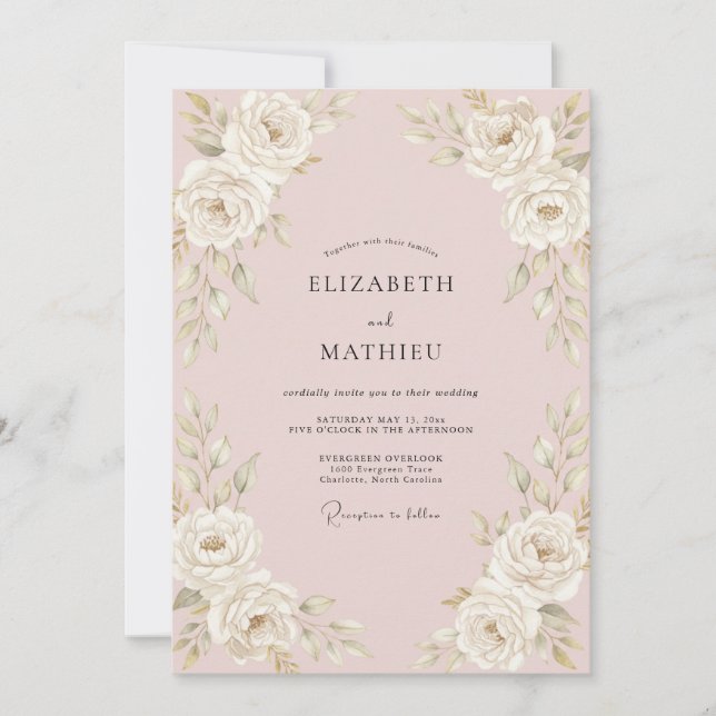Convite Casamento Vintage Romântico Rosa Bege (Frente)