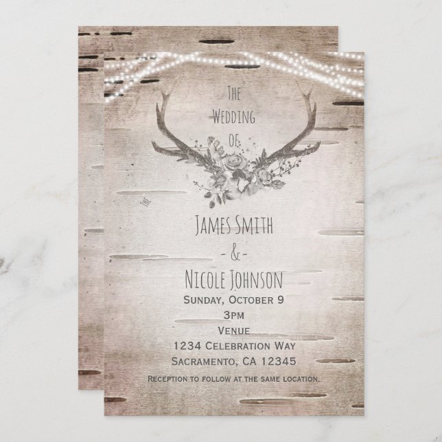 Convite Casamento vintage Rustic Deer Antlers & White Birc (Frente/Verso)