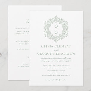 Convite Casamento Vintage Sage Green Brasão de Família