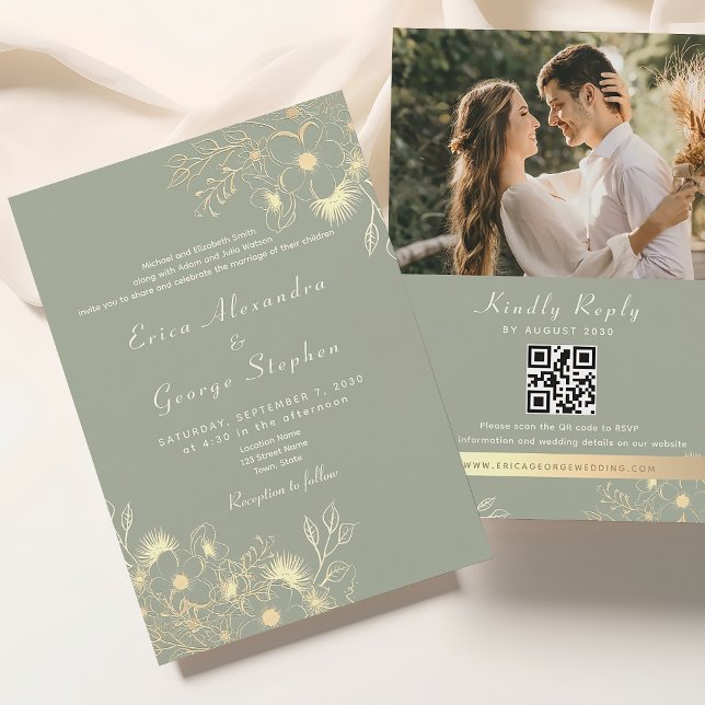 Convite Casamento Vintage Sage Verde Tudo em Um (Criador carregado)