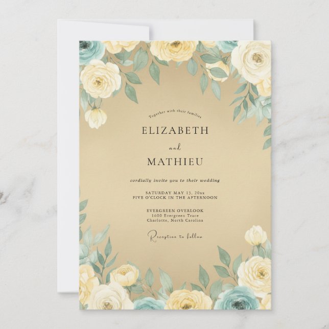 Convite Casamento Vintage Sereno com Champanhe (Frente)