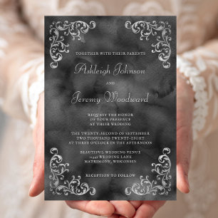 Convite Casamento Vintage Silver Black Watercolor