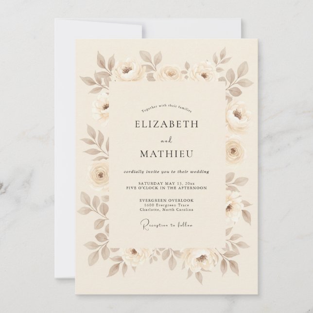 Convite Casamento Vintage Sutil Bege (Frente)