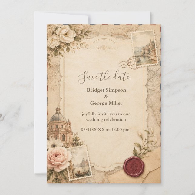 Convite Casamento Vintage Toscano com Mapas de Viagem (Frente)