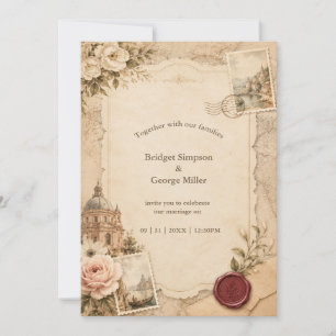 Convite Casamento Vintage Toscano com Mapas de Viagem