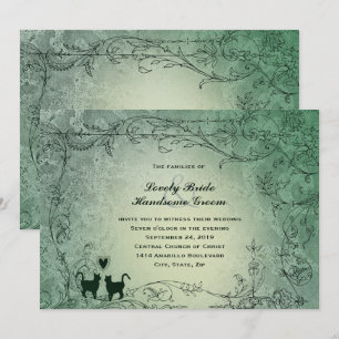 Convite Casamento vintage Verde Ornamentado Cat Lovers