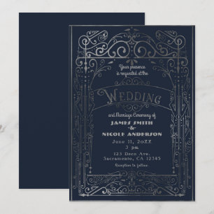 Convite Casamento Vintage Vitoriano Azul-Marinho e Prata