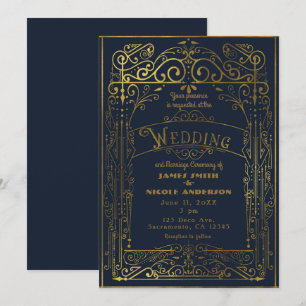 Convite Casamento Vintage Vitoriano Deco Azul Marinho e Do