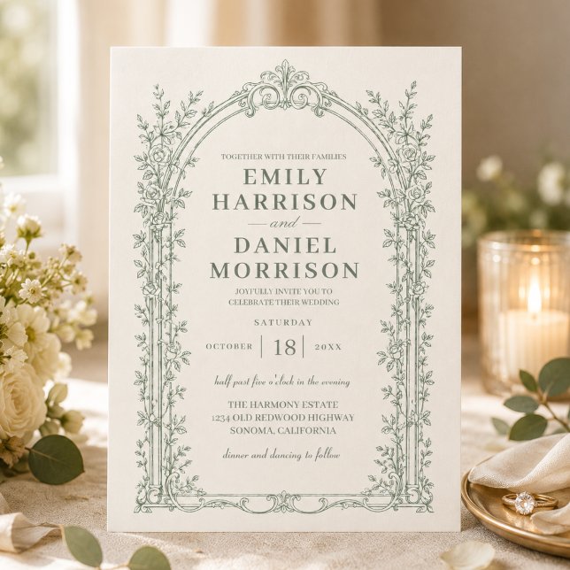 Convite Casamento Vintage Vitoriano Verde Sálvia (Criador carregado)