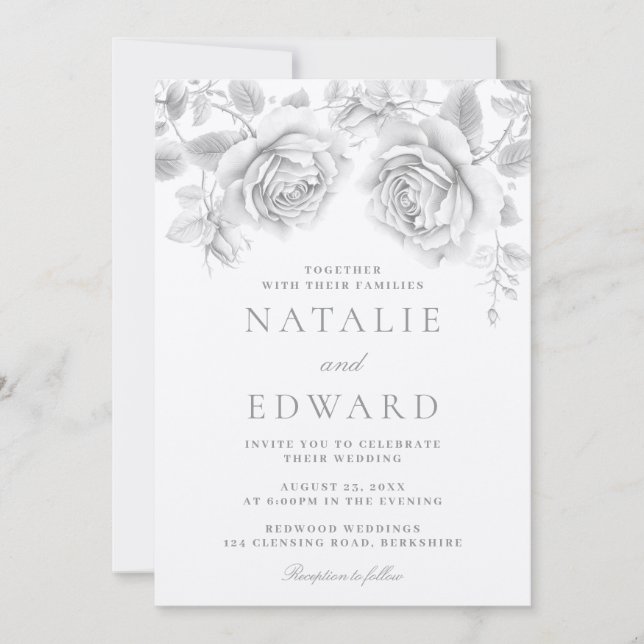 Convite Casamento Vintage White Roses (Frente)