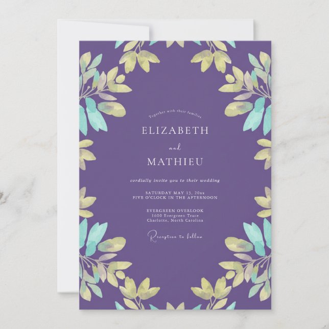 Convite Casamento Violet Aqua Folhagem (Frente)