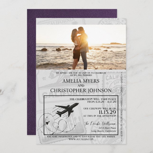 Convite Casamento Violet California Passport (Frente/Verso)