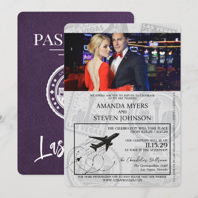 Convite Casamento Violet Las Vegas Passaporte (Frente/Verso)