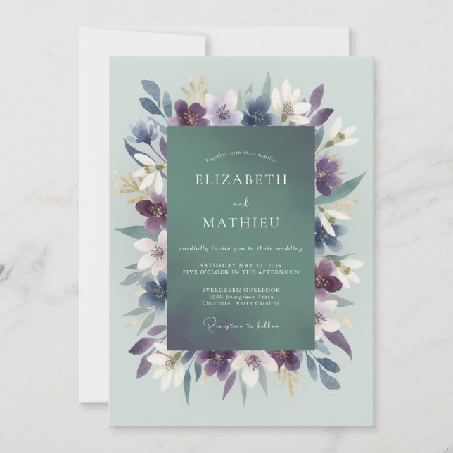Convite Casamento Violet Leafy Seafoam (Frente)