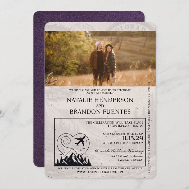 Convite Casamento Violet Purple Colorado Passport (Frente/Verso)