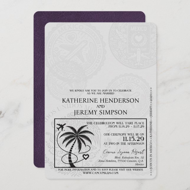 Convite Casamento Violet Purple de Passaporte de Cancún (Frente/Verso)
