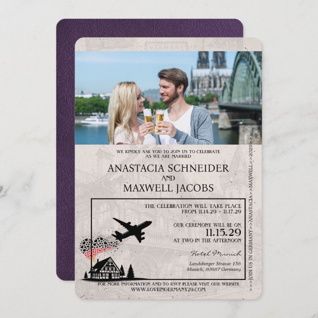 Convite Casamento Violet Purple Germany de Passaportes (Frente/Verso)