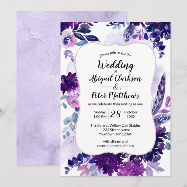 Convite Casamento Violet Purple Lavanda Floral Watercolor (Frente/Verso)