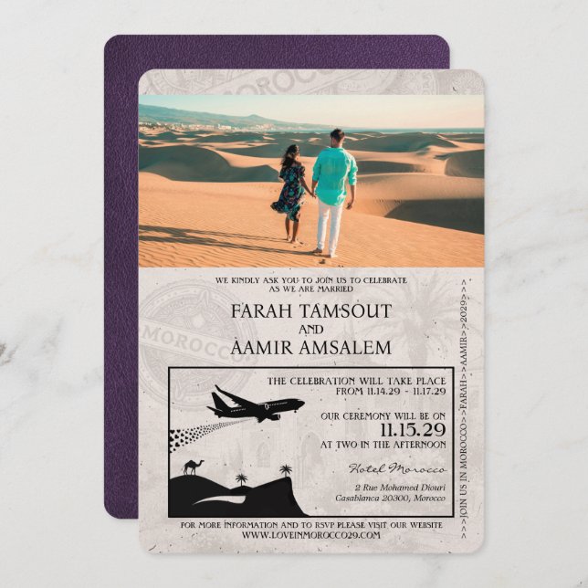 Convite Casamento Violet Purple Passport (Frente/Verso)